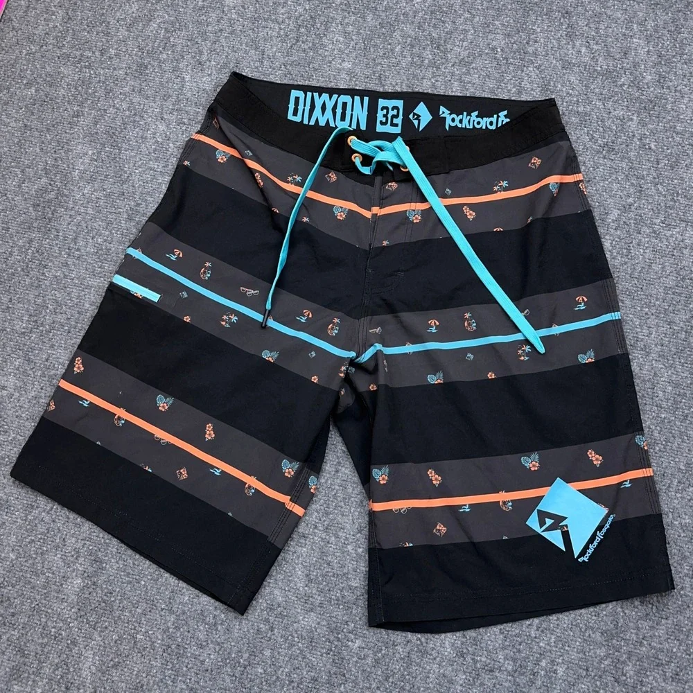 Dixxon Rockford Fosgate Boardshorts Men's 32 Black Striped Tropical Unlined